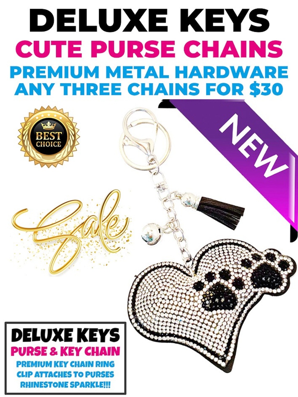 DeLuxe Keys Rhinestone Keychain/Purse Chain HEART WITH PAWS